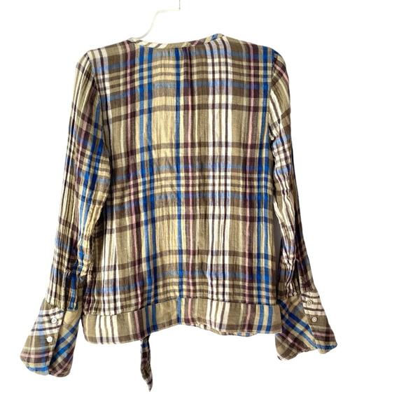 Sundance Willow Cotton Plaid Tie Front Top size Small Blue Tan - Picture 7 of 8